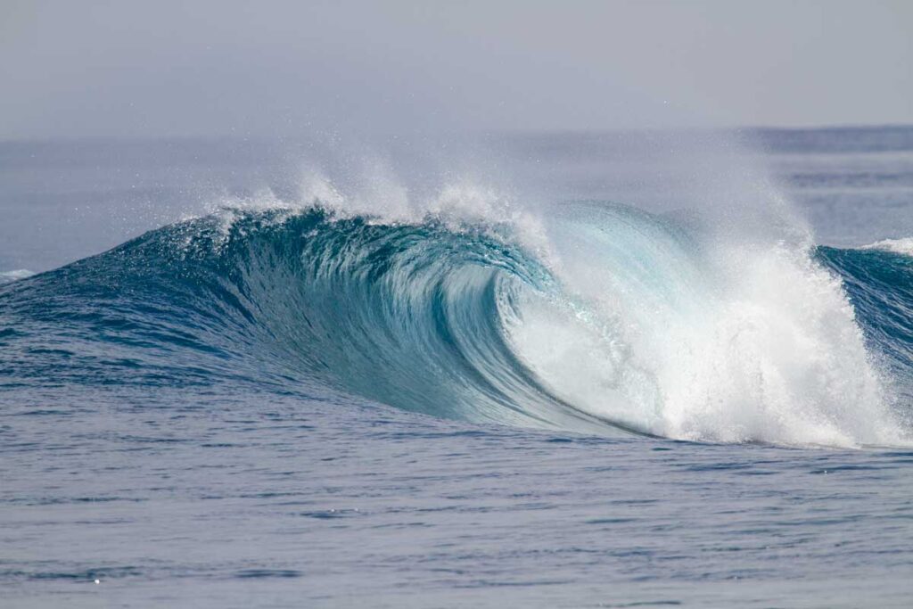 Ola potente rompiendo en un reef del Atolón Sur de Maldivas con un tubazo